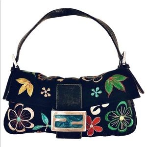 FENDI Authentic Black Multicolor Silk Floral Purse